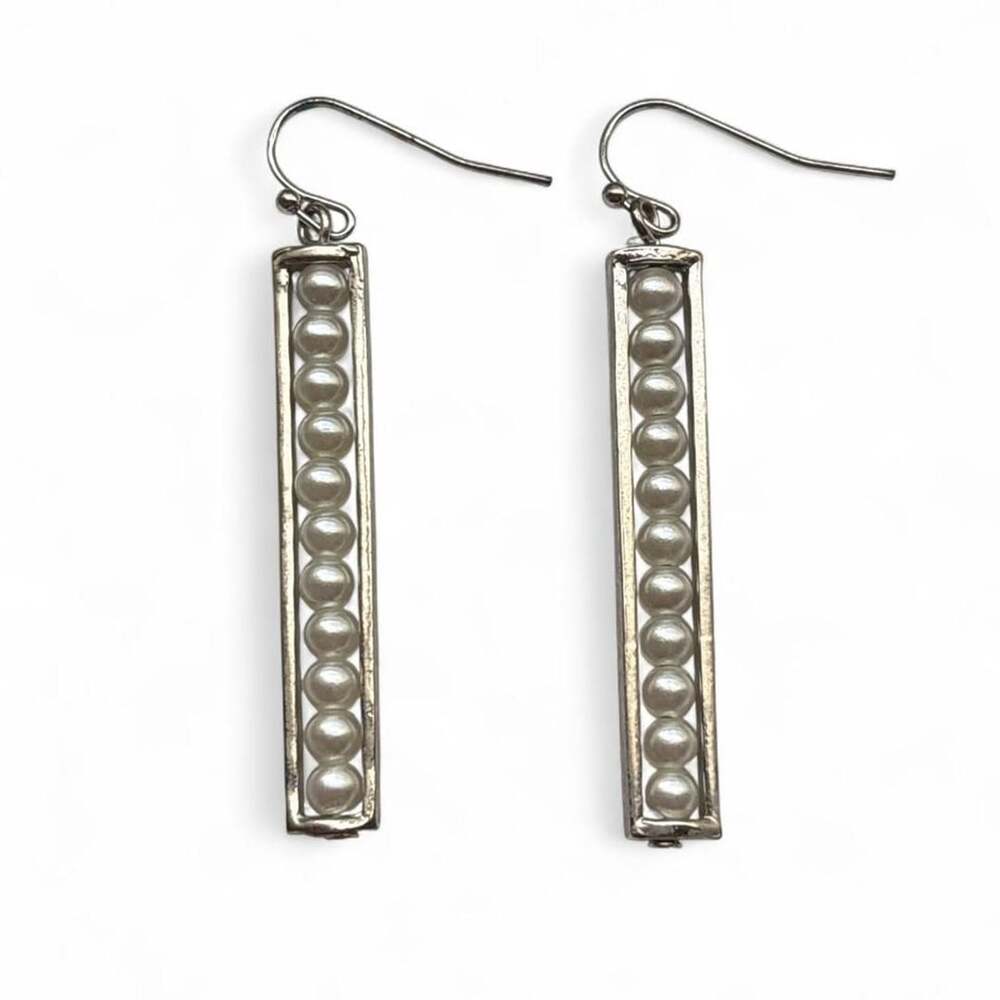 Unbranded Silver Tone Pearl Drop Rectangle Earrings